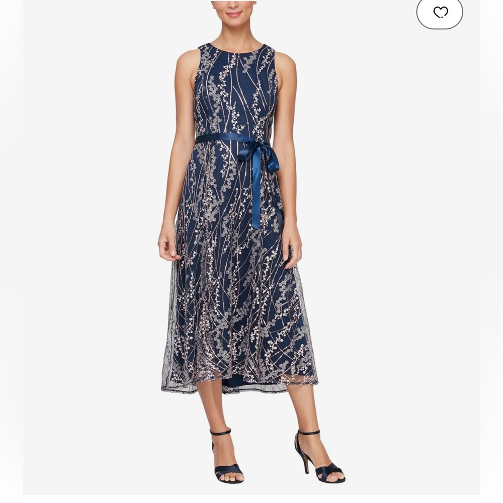 Alex Evenings
Midi Length Embroidered Dress with Satin Tie Belt